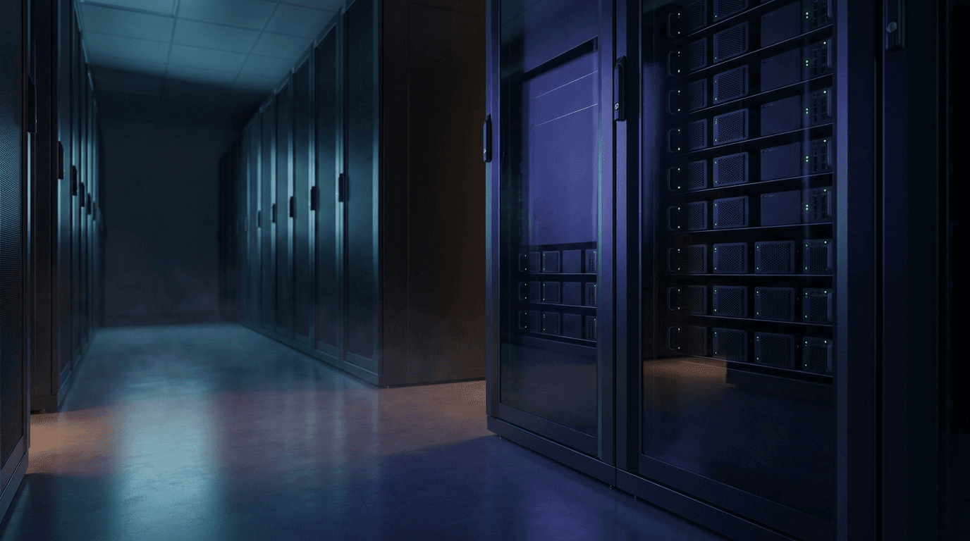 Illustrative render of a quiet server hall with cabinets of compact compute nodes