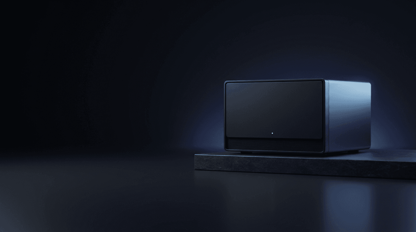 Illustrative render of a compact matte-black AI compute node on a stone plinth with a single green status light